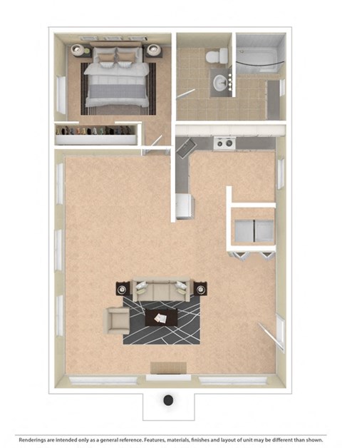 Floor plan for 1 bed, 1 bath, 650 sqft